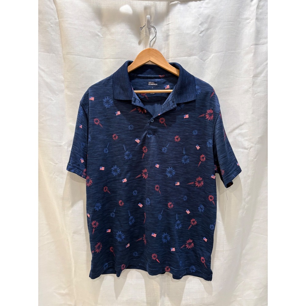 Marc Edwards Mens‎ Navy Blue 4th of July Fireworks American Flag Polo Shirt L